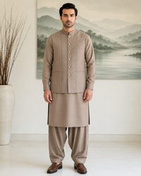 Light Brown Kameez Shalwar with Waist Coat