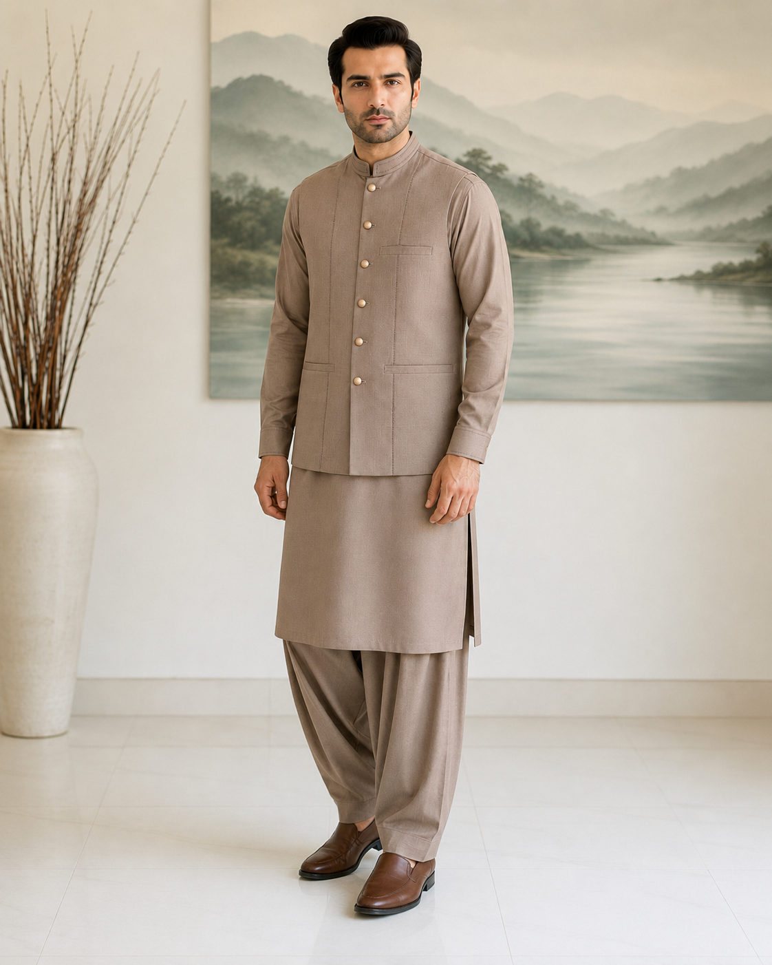 Light Brown Kameez Shalwar with Waist Coat