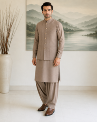 Light Brown Kameez Shalwar with Waist Coat