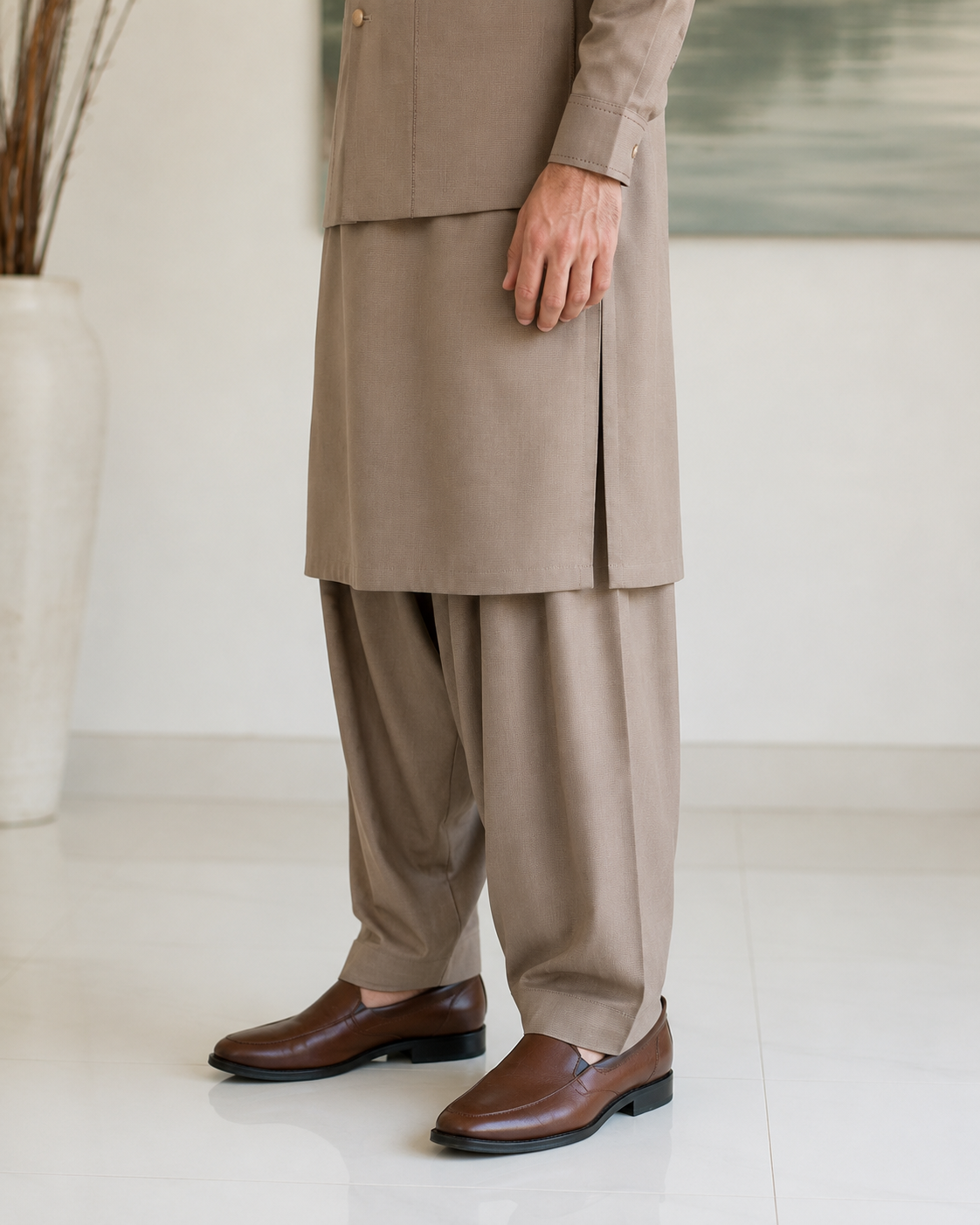 Light Brown Kameez Shalwar with Waist Coat
