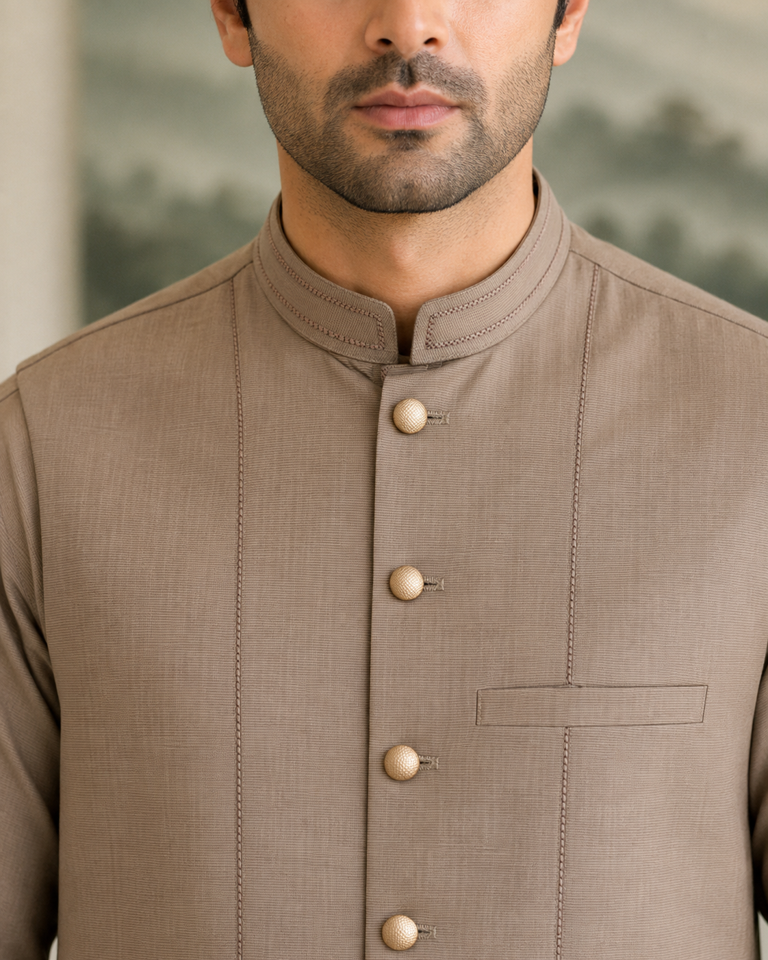Light Brown Kameez Shalwar with Waist Coat