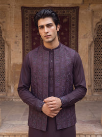 Dark Mauve Kameez Shalwar with Waist Coat