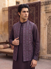 Dark Mauve Kameez Shalwar with Waist Coat