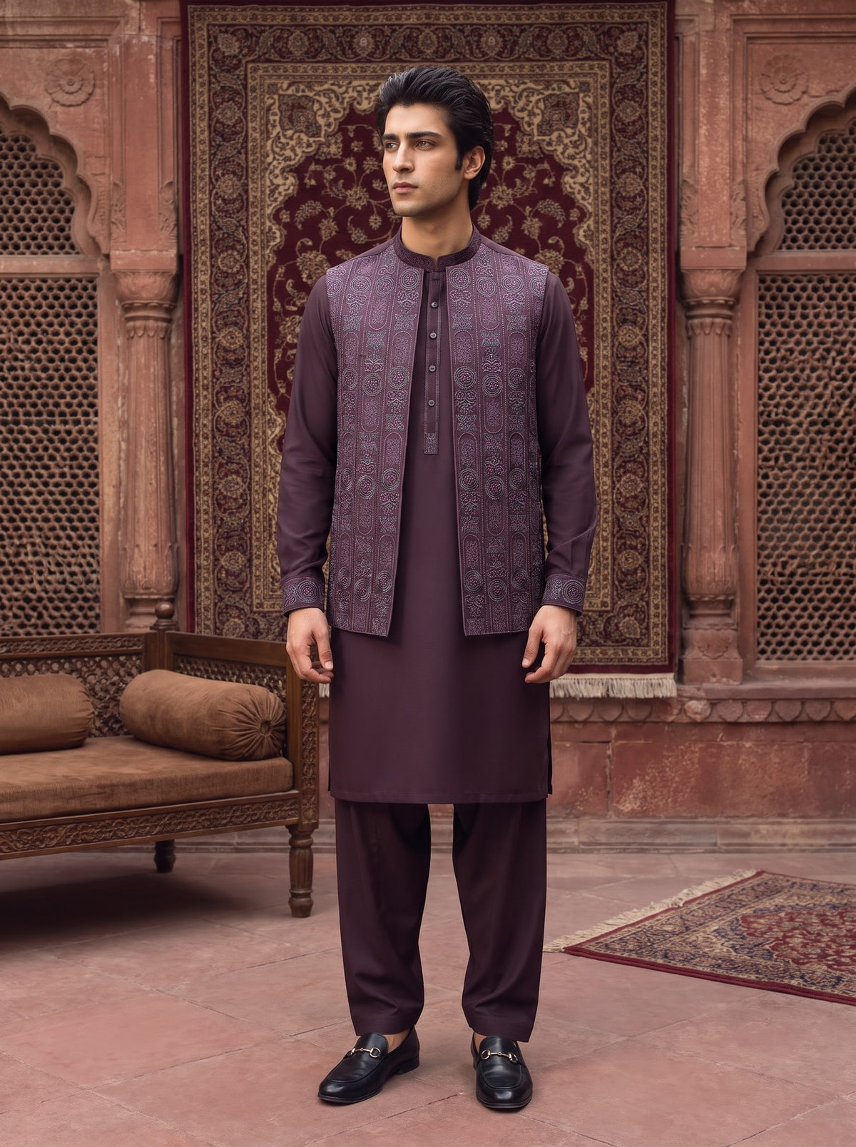 Dark Mauve Kameez Shalwar with Waist Coat
