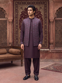 Dark Mauve Kameez Shalwar with Waist Coat