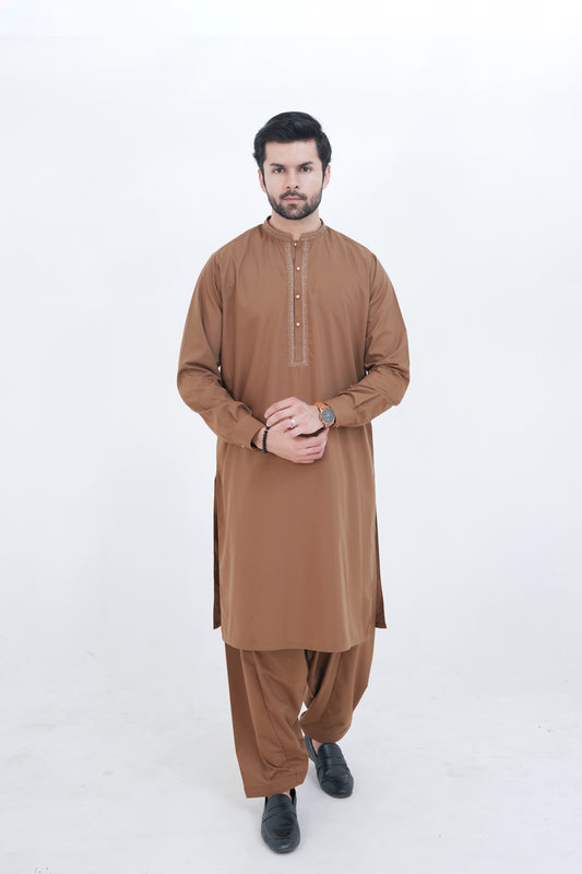 Camel Brown Boski Wash and Wear Kameez Shalwar