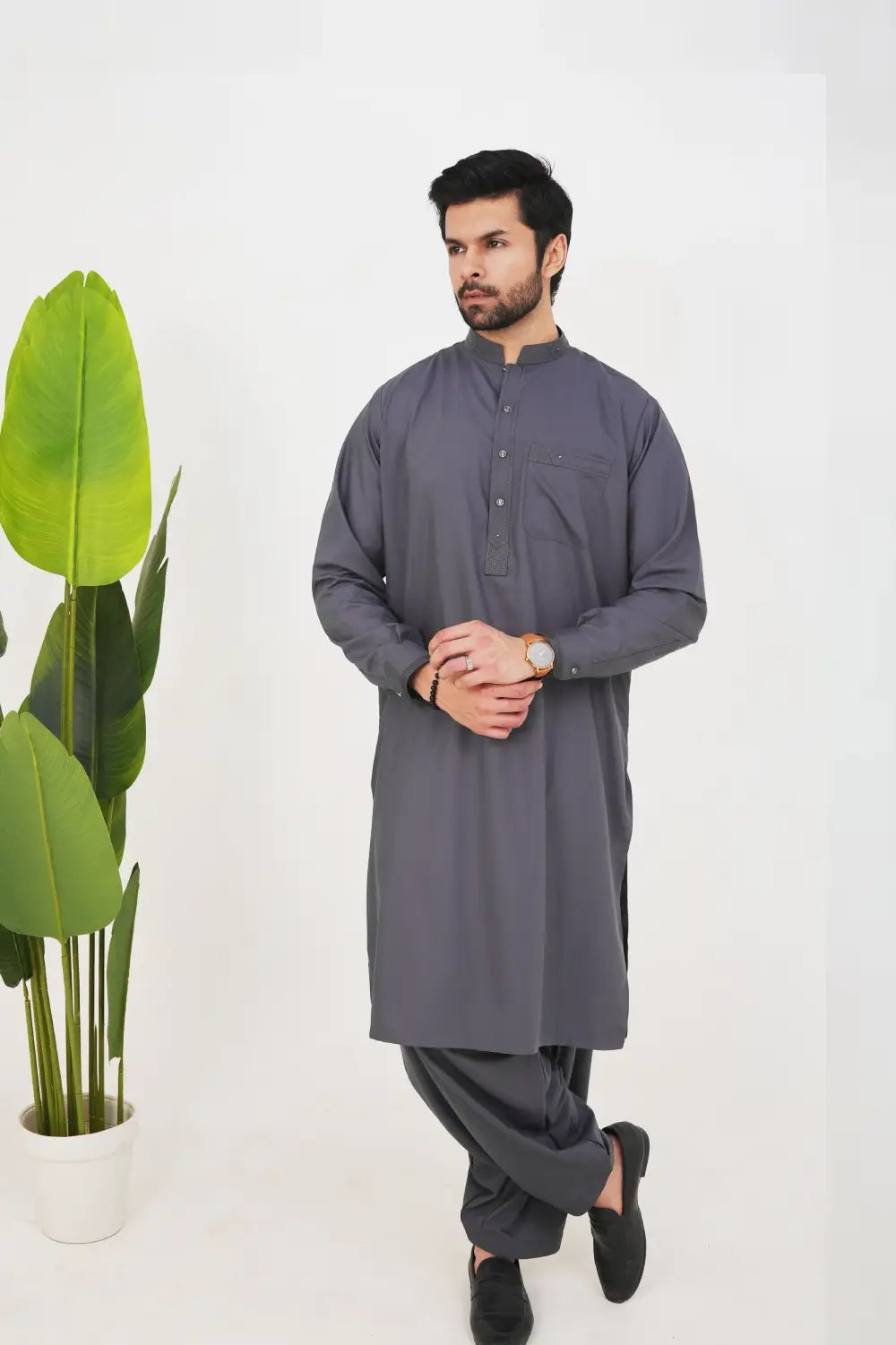 Charcoal Grey Boski Wash and Wear Kameez Shalwar
