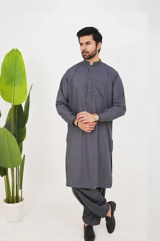 Charcoal Grey Boski Wash and Wear Kameez Shalwar