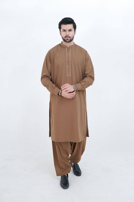 Camel Brown Boski Wash and Wear Kameez Shalwar