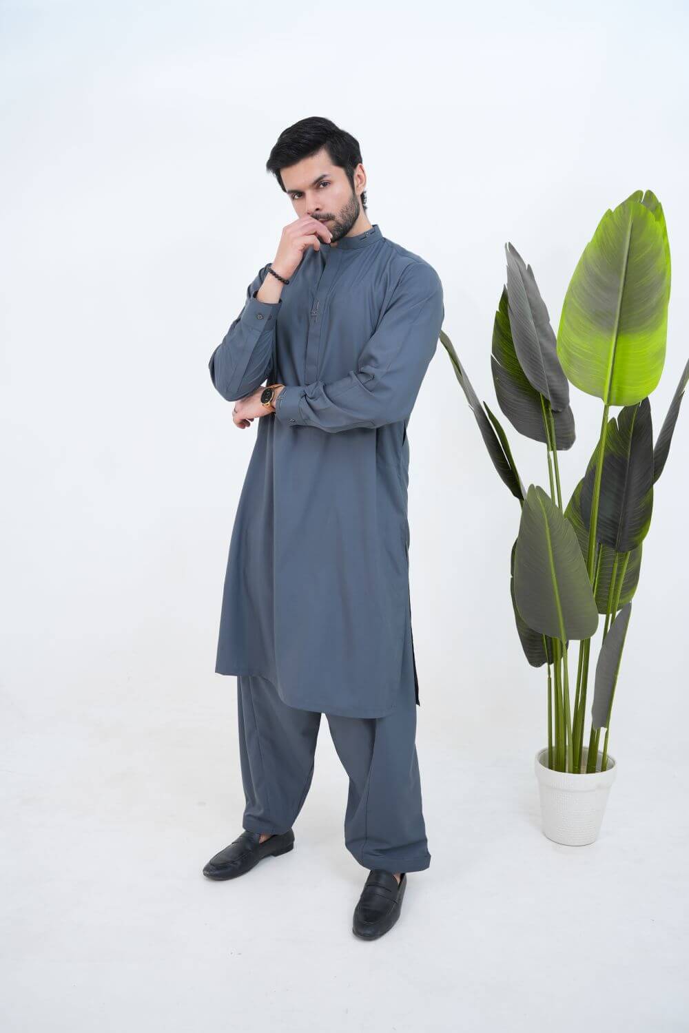 Steel Grey Boski Wash and Wear Kameez Shalwar