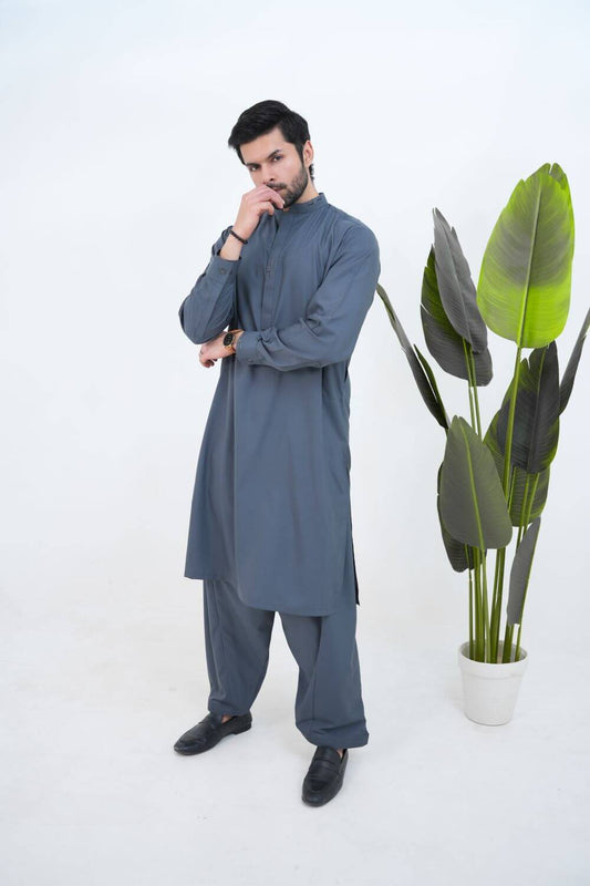 Steel Grey Boski Wash and Wear Kameez Shalwar