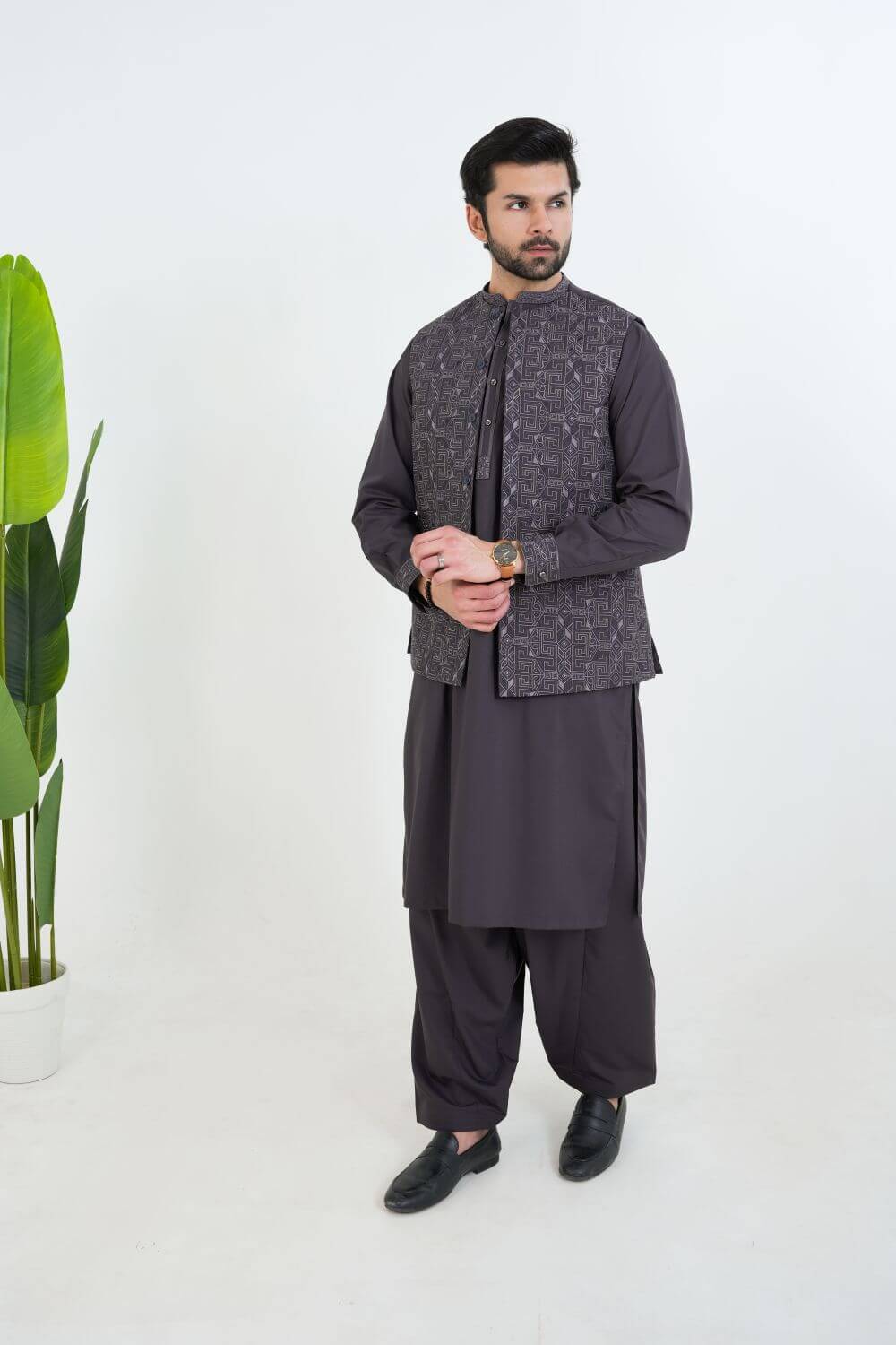 Deep Purple Kameez Shalwar with Embroidered Waist Coat