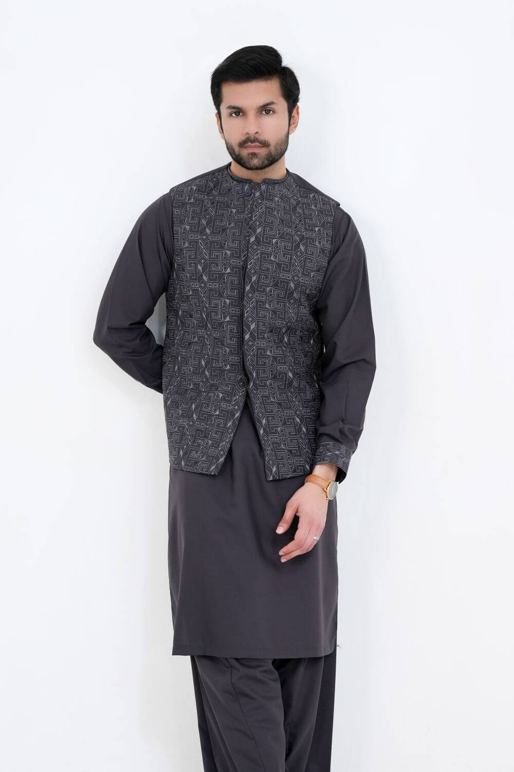 Deep Purple Kameez Shalwar with Embroidered Waist Coat