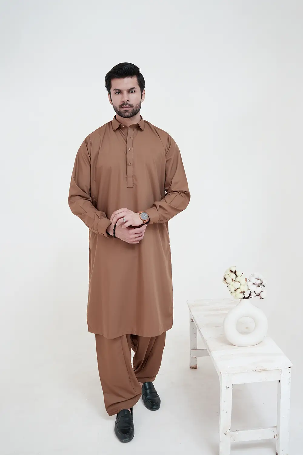Camel Brown Boski Wash and Wear Kameez Shalwar