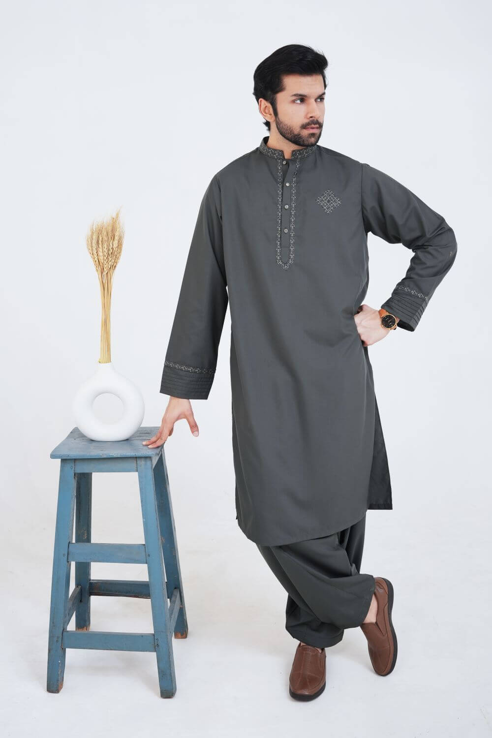 Olive Green Boski Wash and Wear Kameez Shalwar