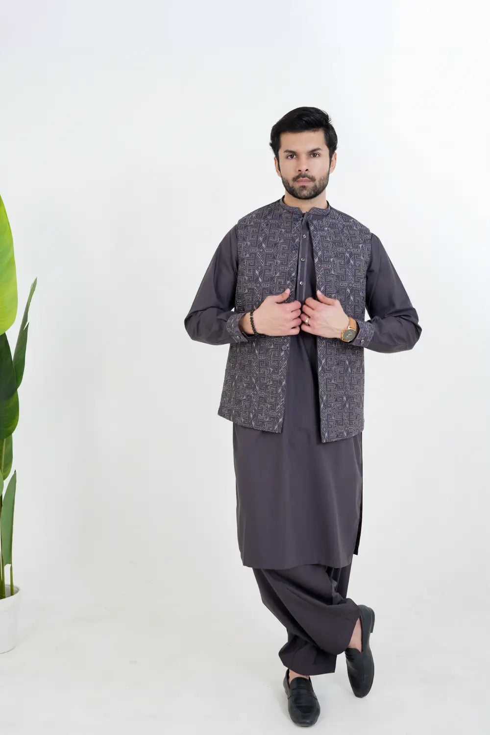 Deep Purple Kameez Shalwar with Embroidered Waist Coat