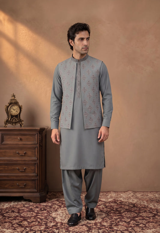 Sage Grey Kameez Shalwar with Waist Coat