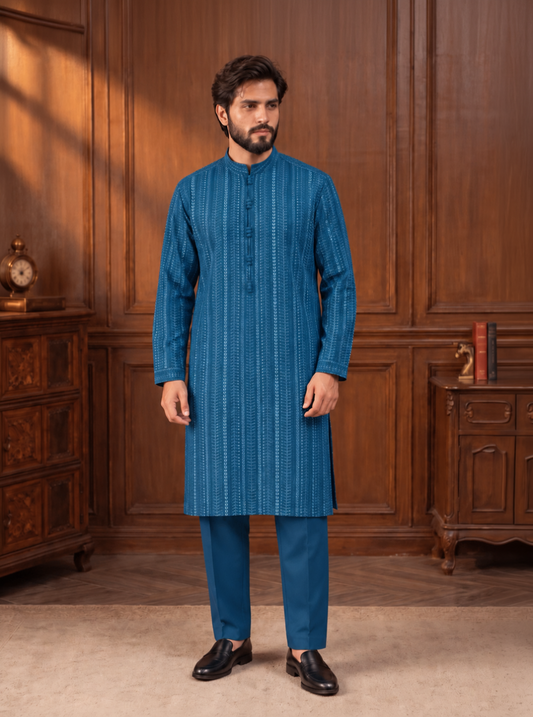 Steel Blue Embroidered Kurta Pajama