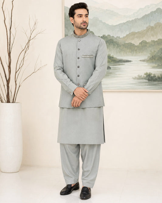 Grey Kameez Shalwar with Waist Coat