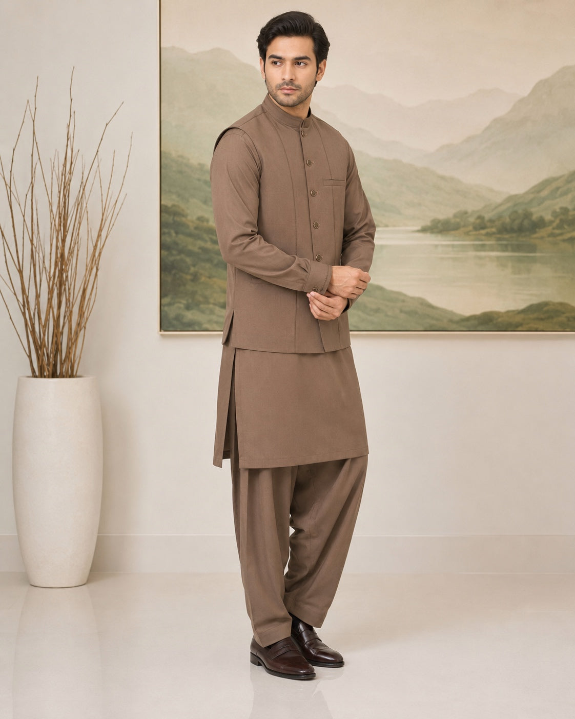 Brown Kameez Shalwar with Waist Coat