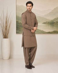 Brown Kameez Shalwar with Waist Coat