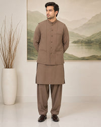 Brown Kameez Shalwar with Waist Coat