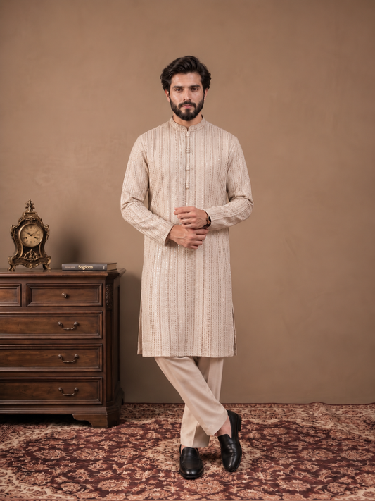 Cream Embroidered Kurta Pajama