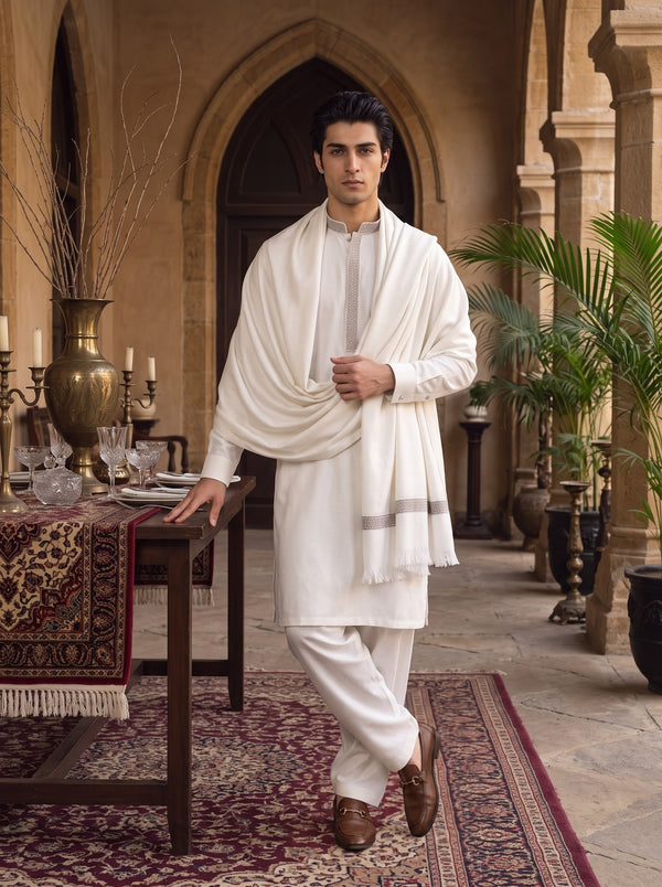 White Woolen Shawl Suit