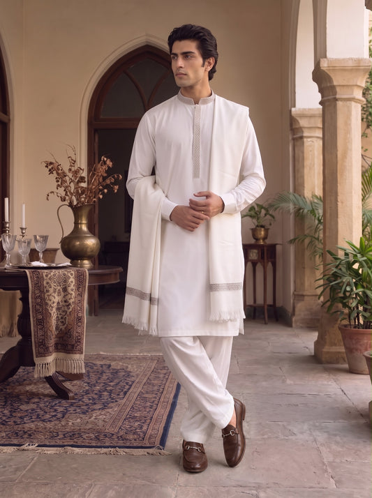 White Woolen Shawl Suit