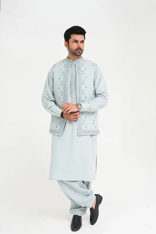 Light Blue Kameez Shalwar with Embroidered Waist Coat