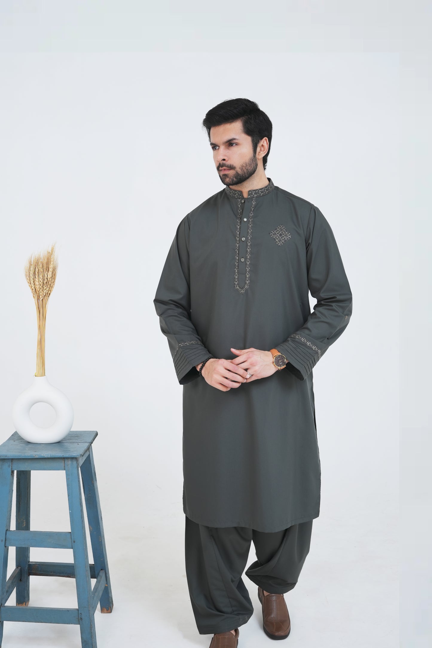Olive Green Boski Wash and Wear Kameez Shalwar