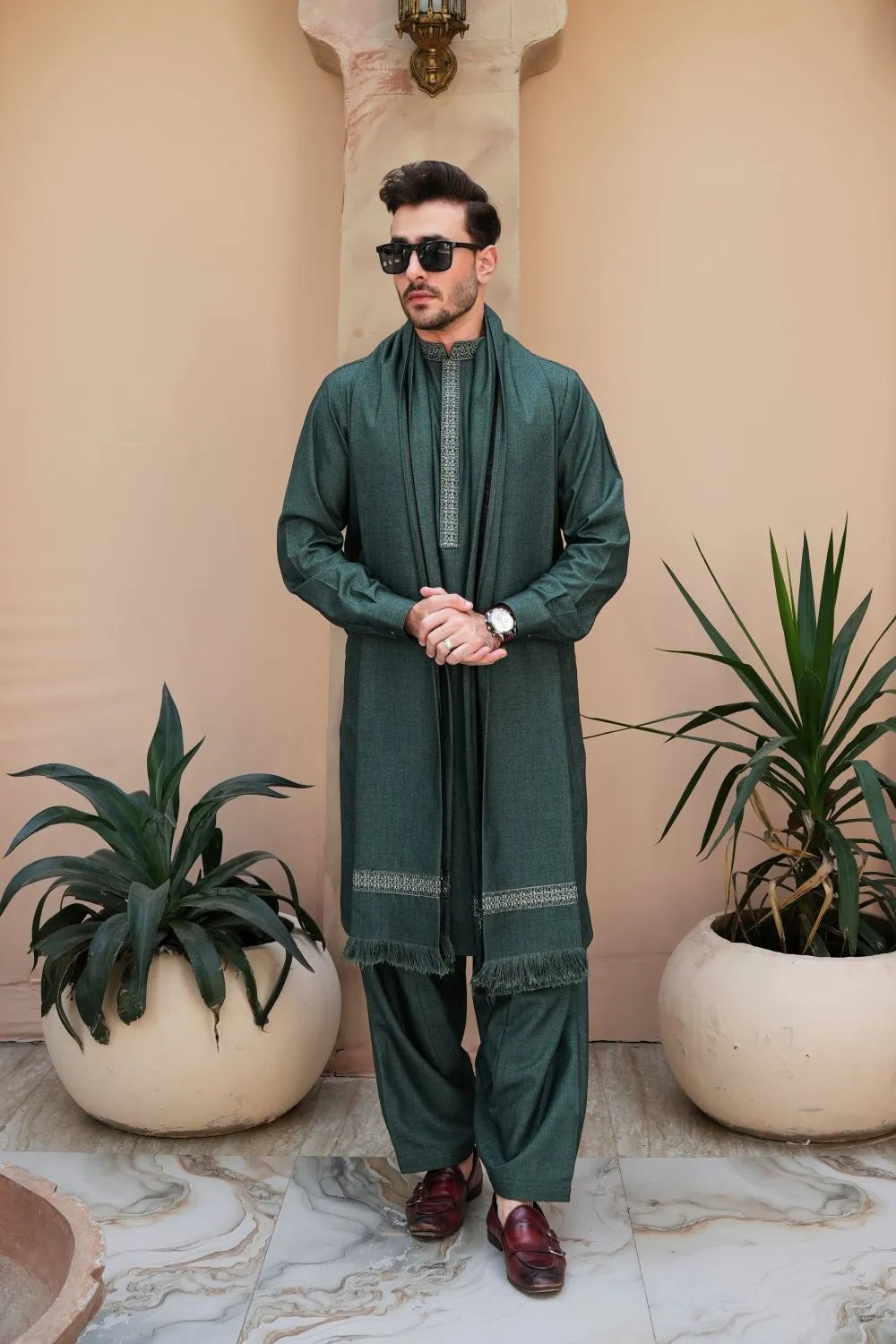 Extra Fine Woolen Shawl Suit Green
