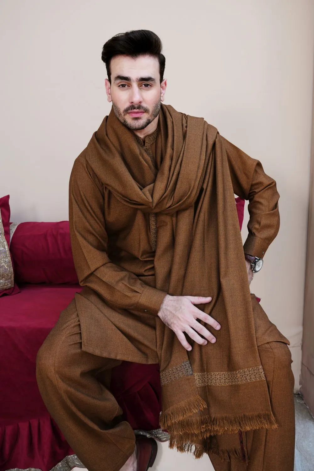 Extra Fine Woolen Shawl Suit Rust