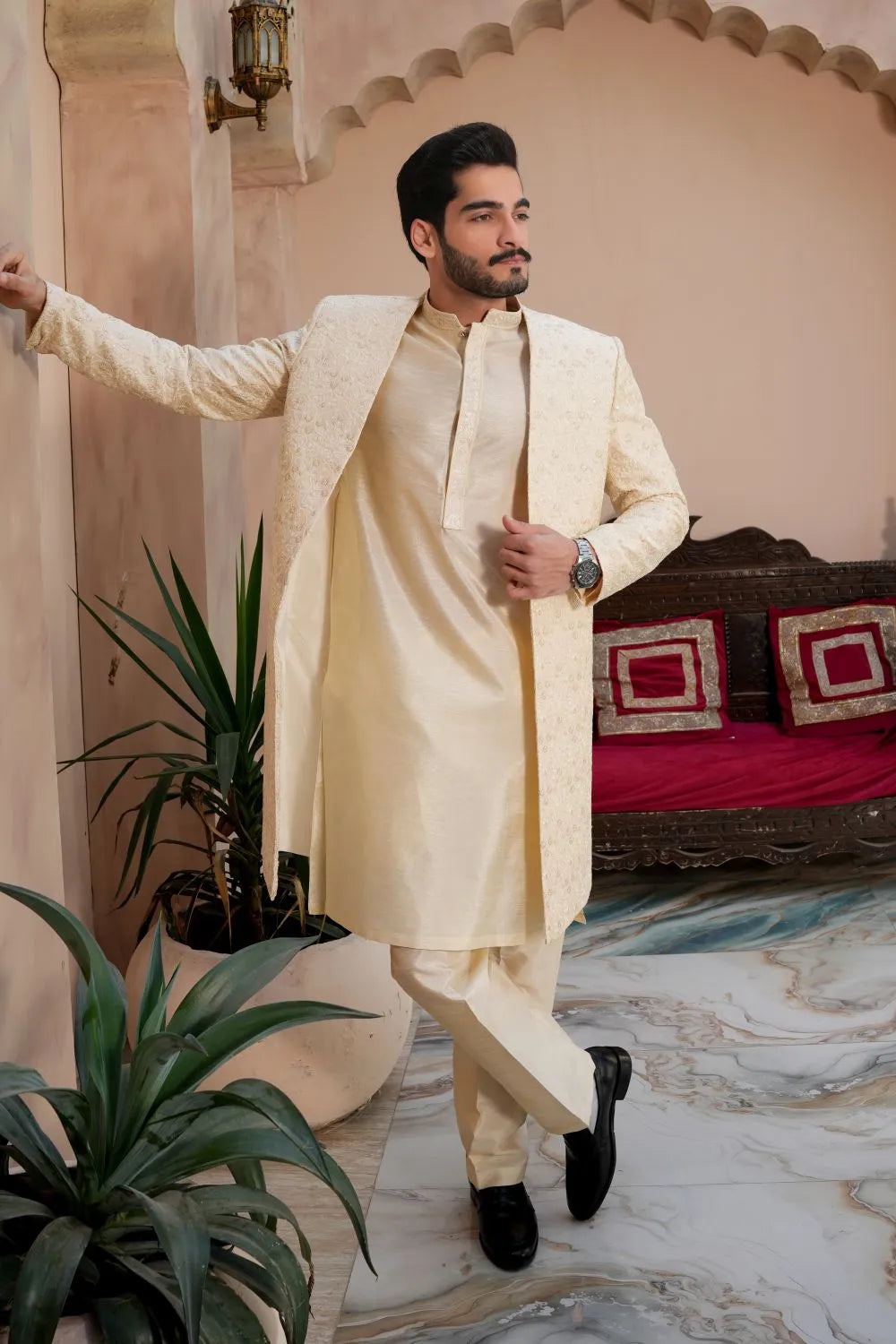 Kurta Trouser, Raw silk, fancy sherwani  Cream