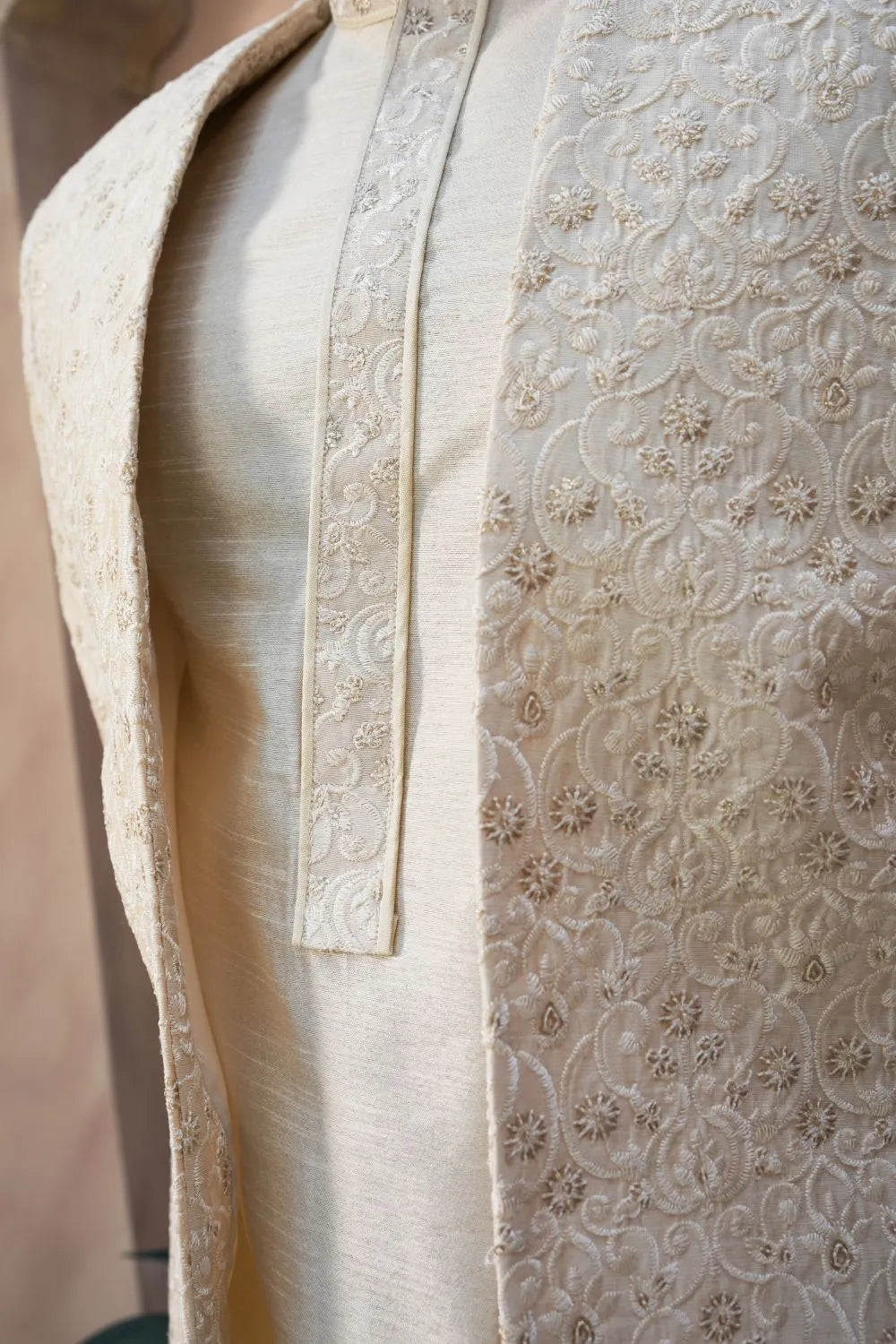 Kurta Trouser, Raw silk, fancy sherwani  Cream