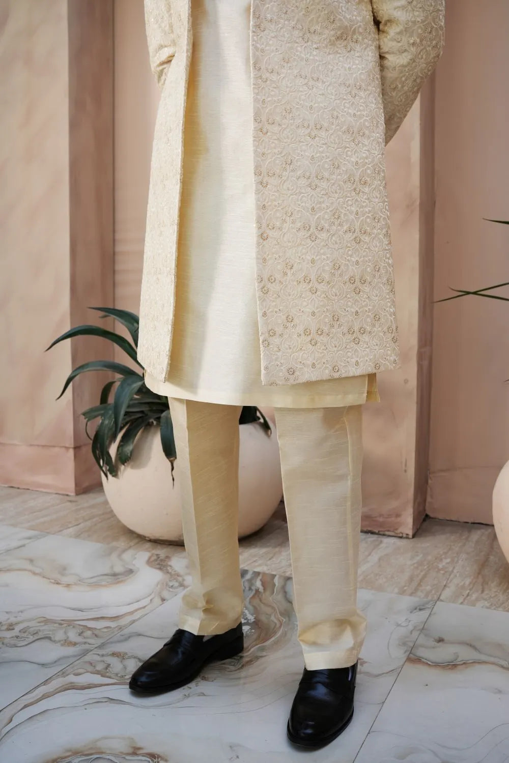 Kurta Trouser, Raw silk, fancy sherwani  Cream