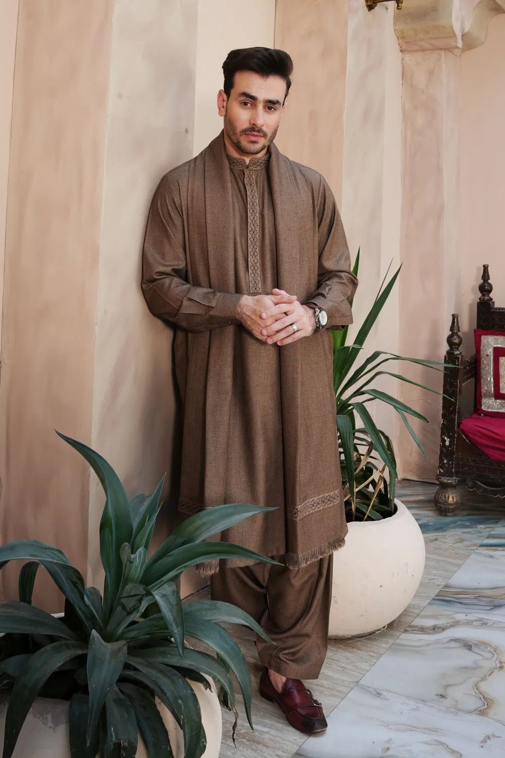 Extra Fine Woolen Shawl Suit Brown