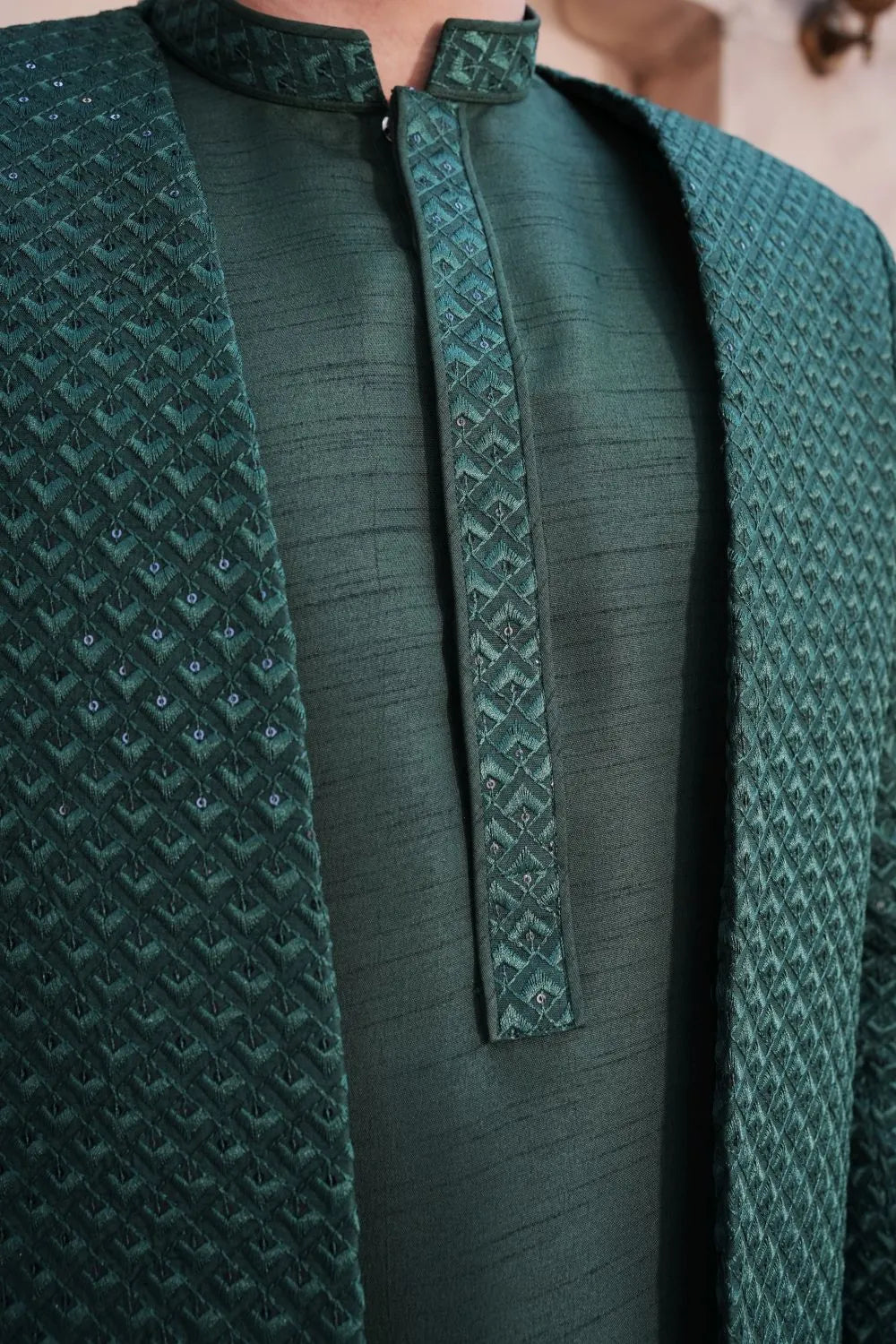 Raw silk, kurta Trouser  and fancy work on sherwani gown Green
