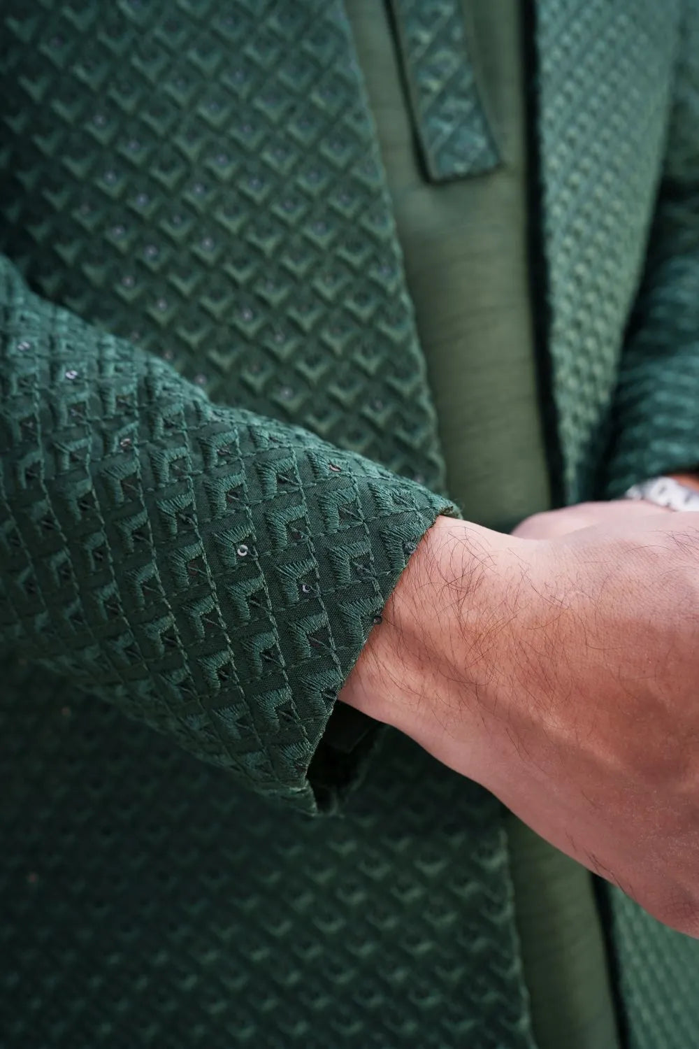 Raw silk, kurta Trouser  and fancy work on sherwani gown Green