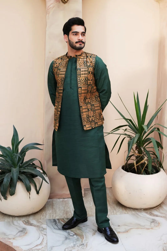 Arshad Green Double Tune Kameez Trouser with Waistcoat