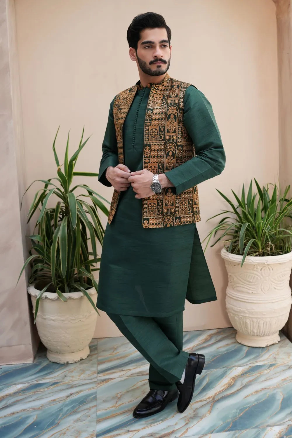 Arshad Green Double Tune Kameez Trouser with Waistcoat