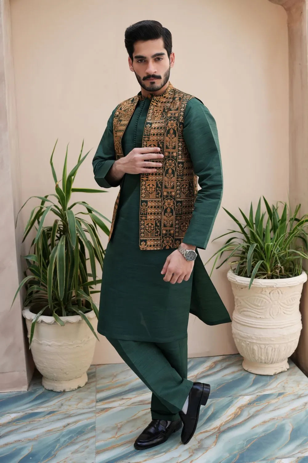 Arshad Green Double Tune Kameez Trouser with Waistcoat