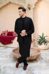 Arshad Black Shalwar Kameez with Raw silk Handwork Waistcoat