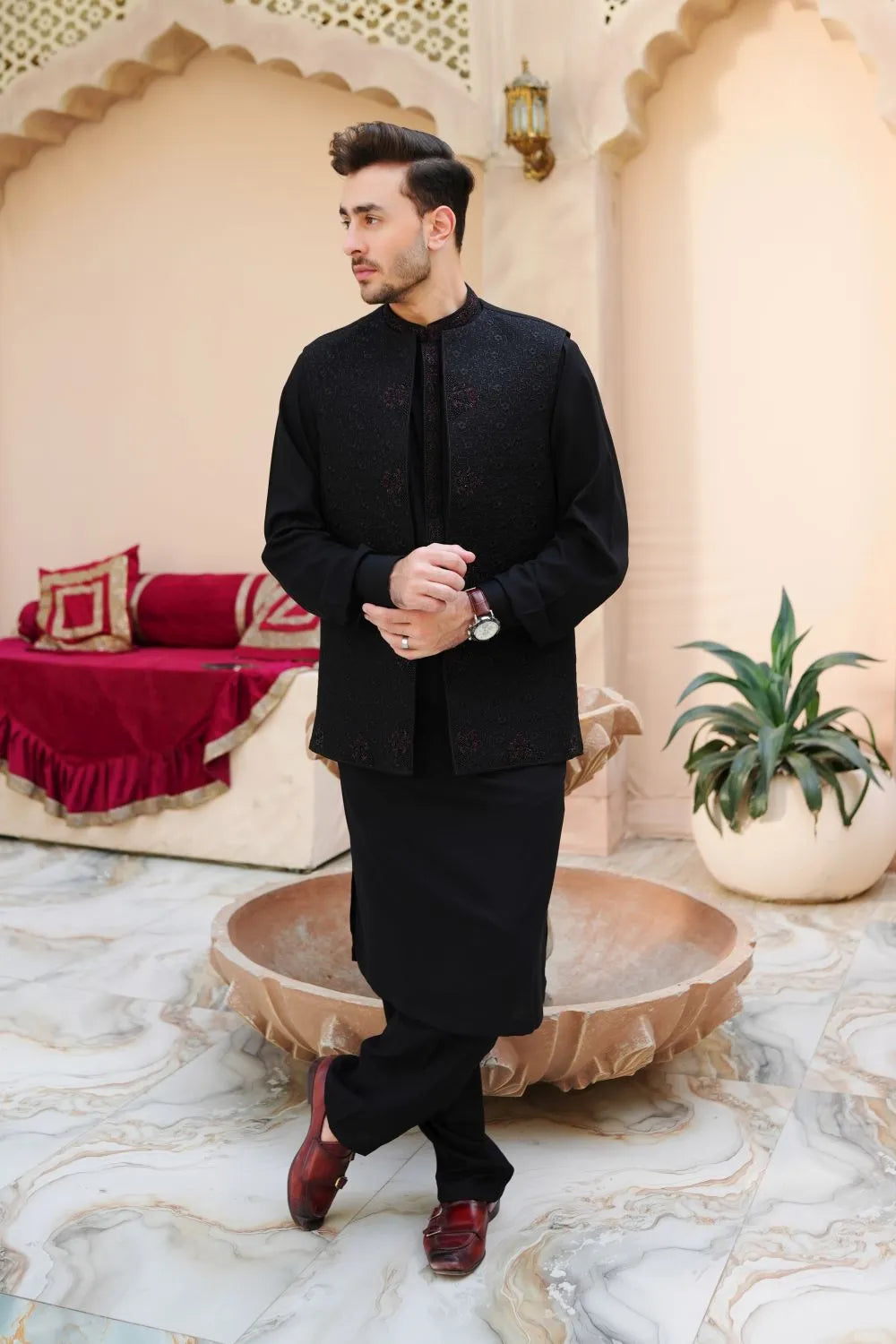 Arshad Black Shalwar Kameez with Raw silk Handwork Waistcoat