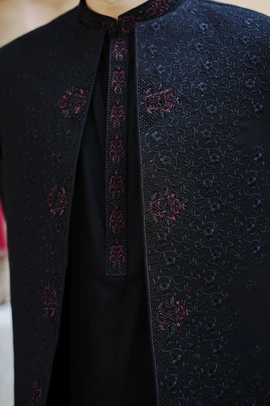 Arshad Black Shalwar Kameez with Raw silk Handwork Waistcoat