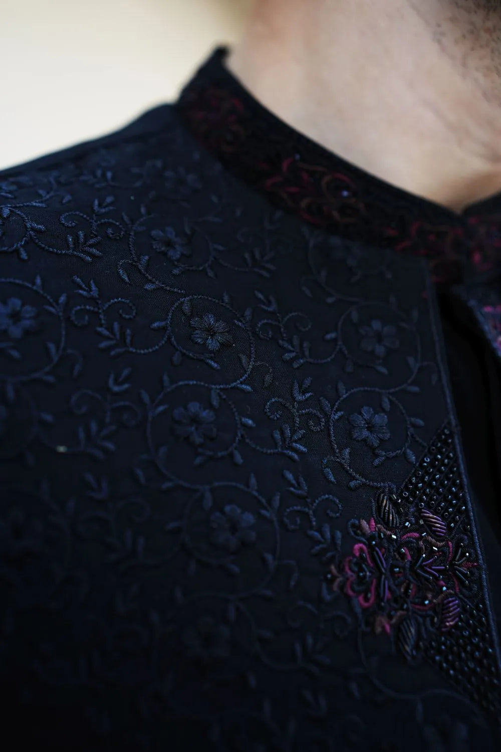 Arshad Black Shalwar Kameez with Raw silk Handwork Waistcoat