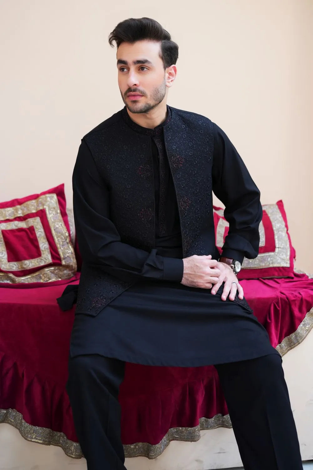 Arshad Black Shalwar Kameez with Raw silk Handwork Waistcoat