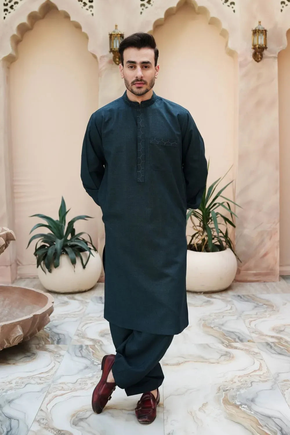 Arshad Green Festive Shalwar Kameez  Fine Wool Blend