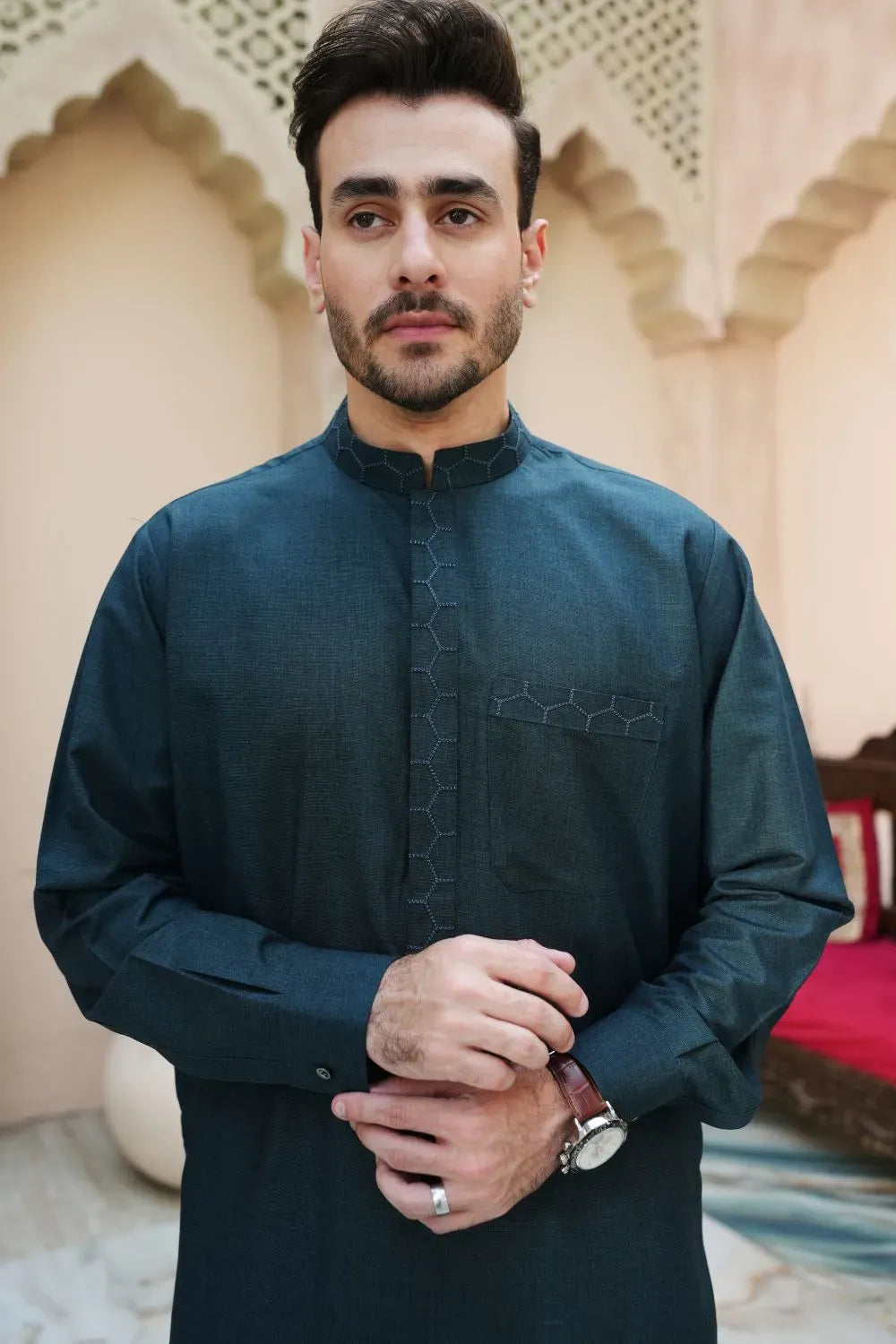 Arshad Green Festive Shalwar Kameez  Fine Wool Blend