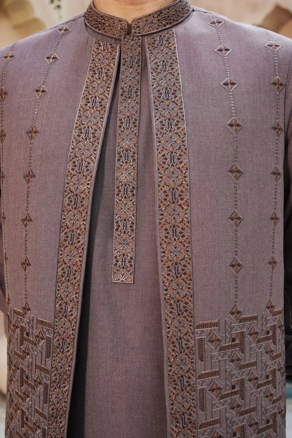 Blending Wash n Wear Kameez shalwar waistcoat Brown